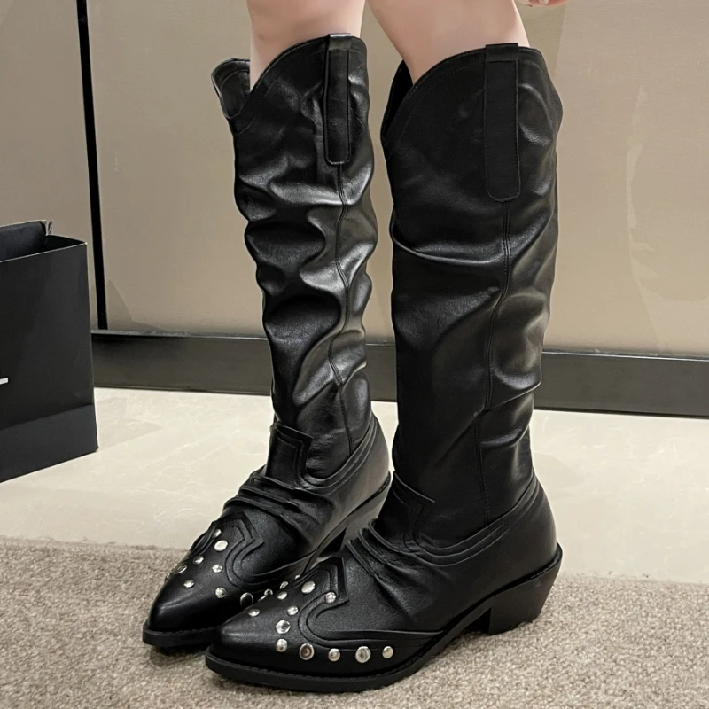 2023 Fashion Shoes for Women Autumn Slip on Knee-High Women's Boots Solid Color Pointed Toe Pleated Mid Heel Zapatillas De Mujer