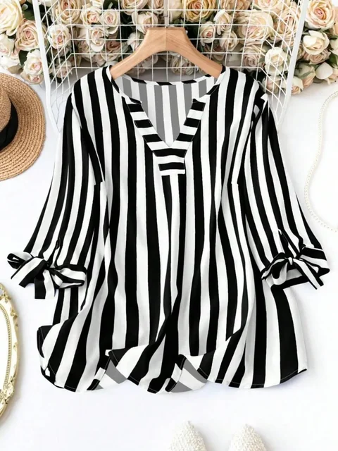 Grande taille femme mode printemps Plaid T-shirt col en v pull léger dessus respirants Style européen et américain plage voyage vêtements 1