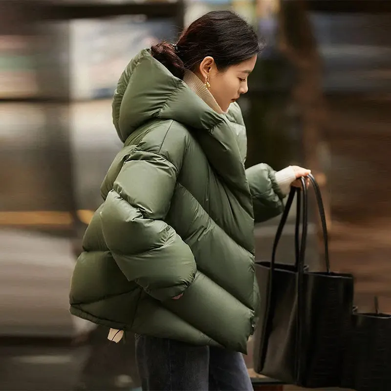 

Thickened Short 90 White Duck Down Jacket Women 2023 Autumn New Hooded Loose Diagonal Lattice Solid Color Simple Bread Coat