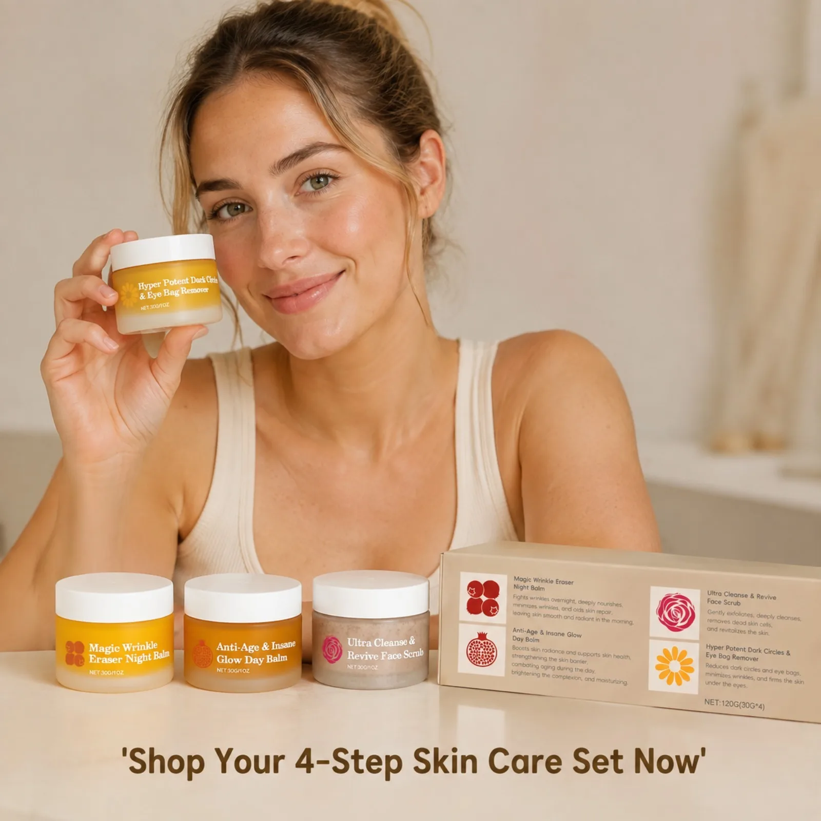 Revitalizing 4-in-1 Facial Care Set: Day & Night Balms, Eye Cream, Face Scrub - Perfect for Dull, Rough Skin and Travel