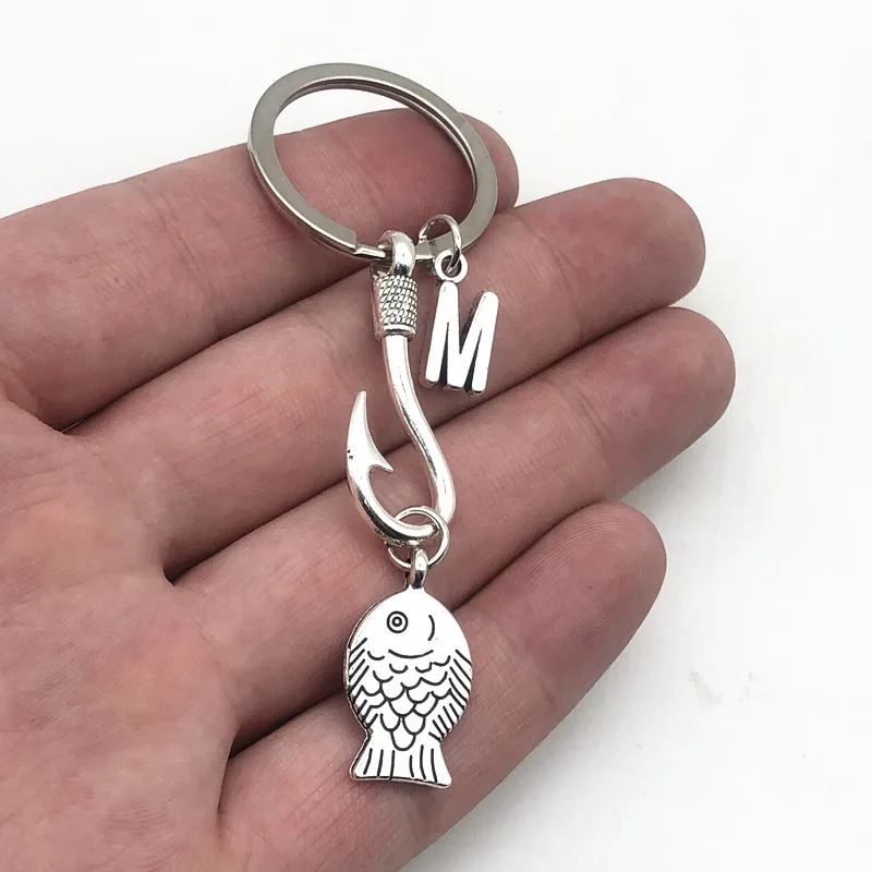 Fashion 26 Letter Fish Hook Fisherman Key Ring Fishing Enthusiast Key Chain Pendant Keychains Friendly Gift