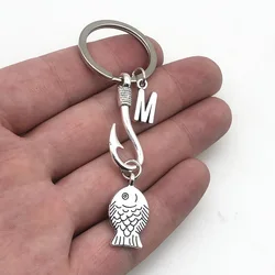 Fashion 26 Letter Fish Hook Fisherman Key Ring Fishing Enthusiast Key Chain Pendant Keychains Friendly Gift