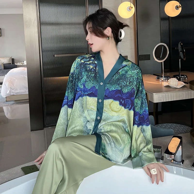 Tanie QSROCIO nowa damska piżama zestaw luksusowy styl malarstwo drukuj bielizna nocna satyna sklep