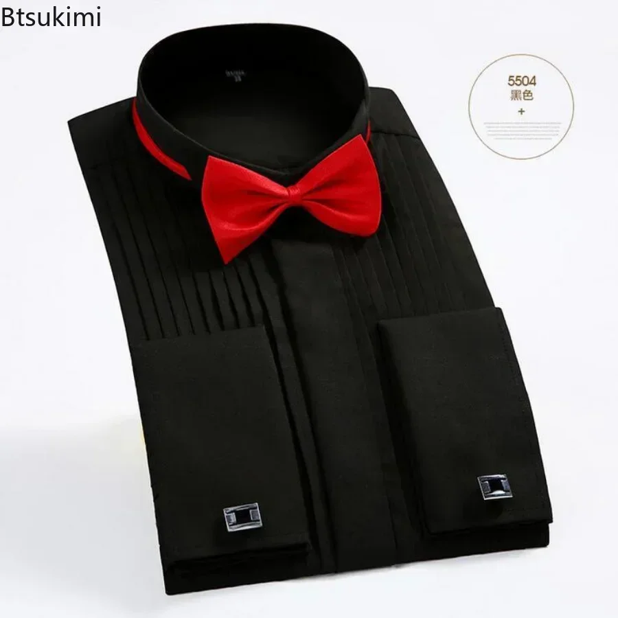 Mens Dress Shirt Men Wedding Party Club Dress Shirts with Bowtie Slim Fit Solid Wing Tip Collar Tuxedo Shirt Long Sleeve Tops