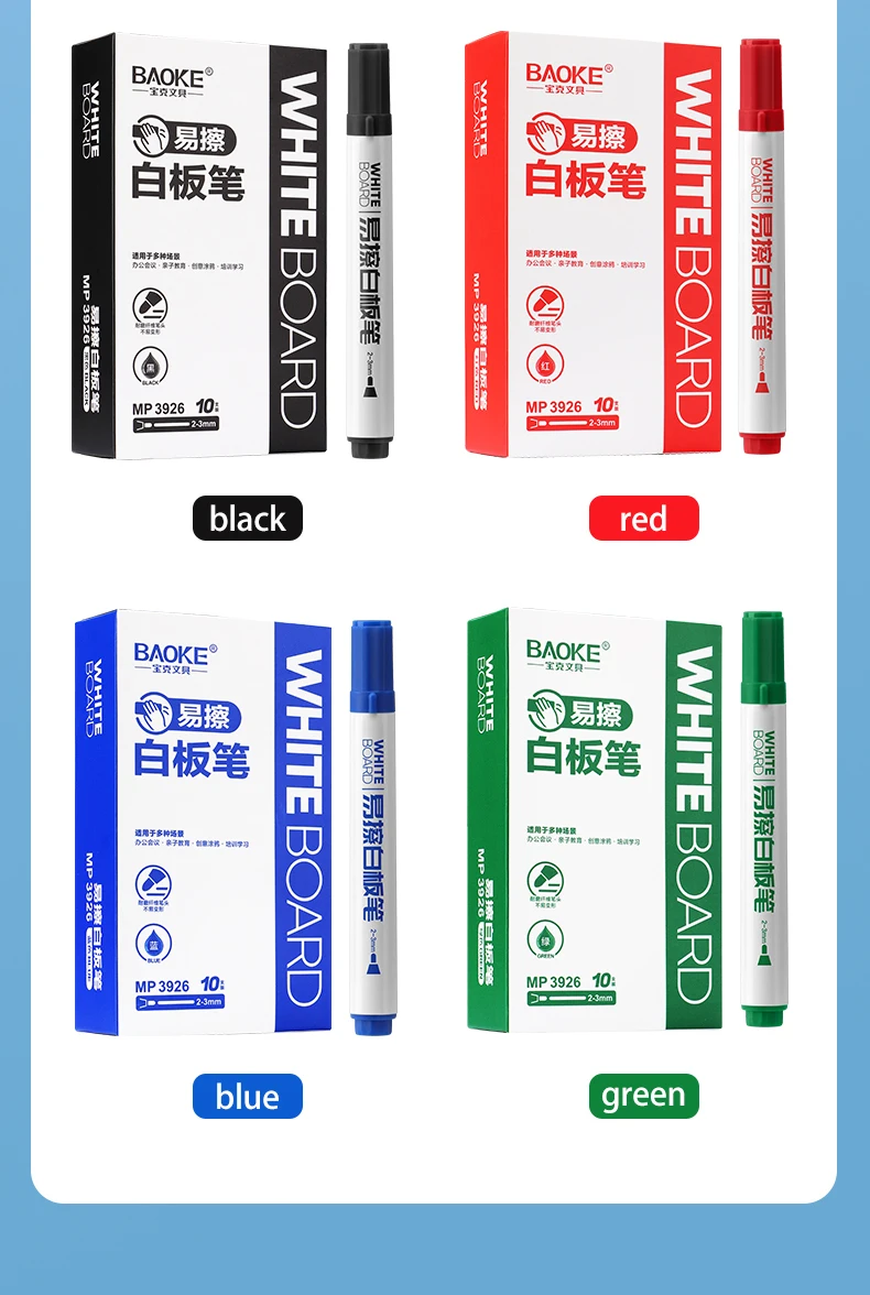BAOKE MP3926 Trocken abwischbarer Whiteboard-Marker mit geruchsamer Faserspitze, 4er-Pack, Schwarz, Rot, Grün, Blau – Detail 10