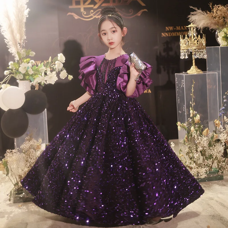 

Princess Long Dress Girls Sequin Birthday Evening Weddings Prom Party Elegant Clothes Children Baptism Gown Show Dress for Kids