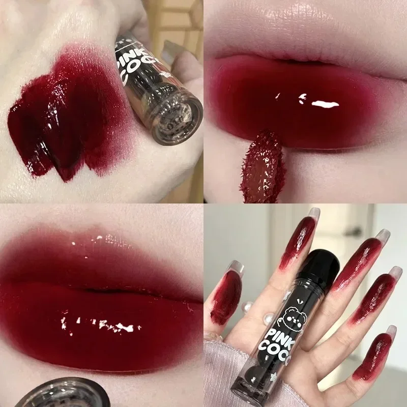 Black Red Mirror Glass Water Light Lip Gloss Clear Lip Glaze Cute Bear Waterproof Non Stick Liquid Lipstick Nude Tint Makeup