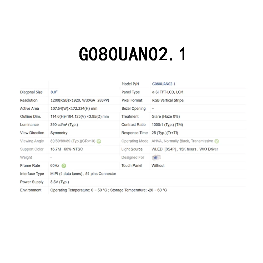 밀폐형 오리지널 8.0 인치 산업용 LCD 디스플레이 스크린 모듈, 박스 내 G080UAN02.1, 신제품