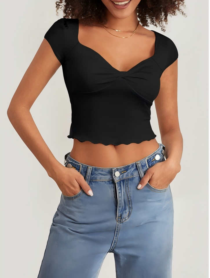 Sexy V-Neck Half Sleeve Nightclub Party Womens Y2k Fashionable Black Low Cut Pleated Mushroom Edge Slim Fit Short Top