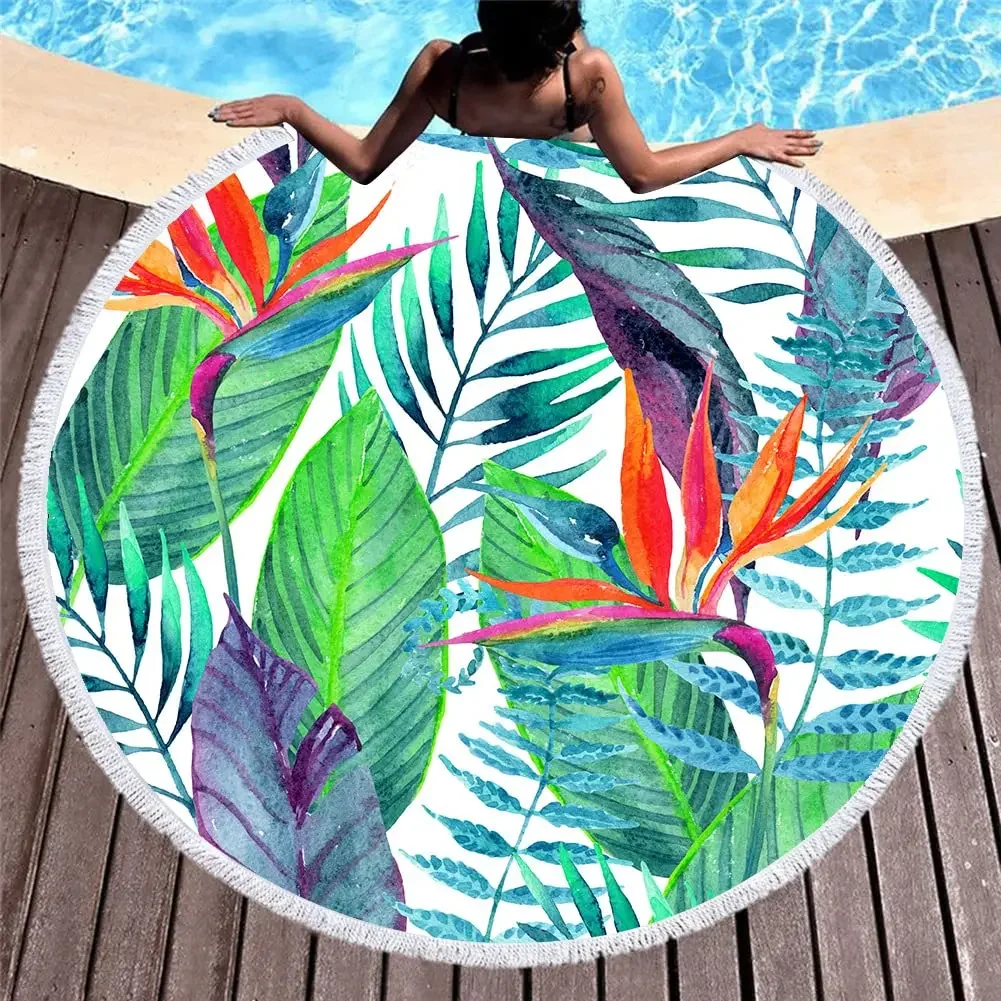Round Beach Towel Oversized Blanket Palm Leaf Tropical Style Flamingo Print Microfiber Large Round Towel Picnic Absorbent Towel 4
