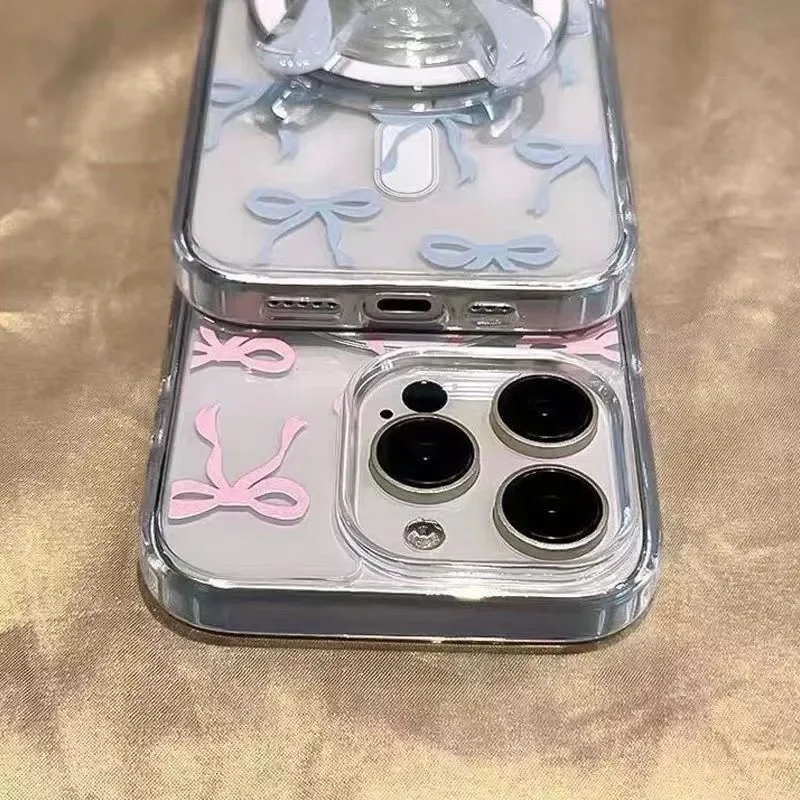 Chic Pink and Blue Bow MagSafe Magnetic Shockproof Phone Case - Soft, Transparent Back Cover