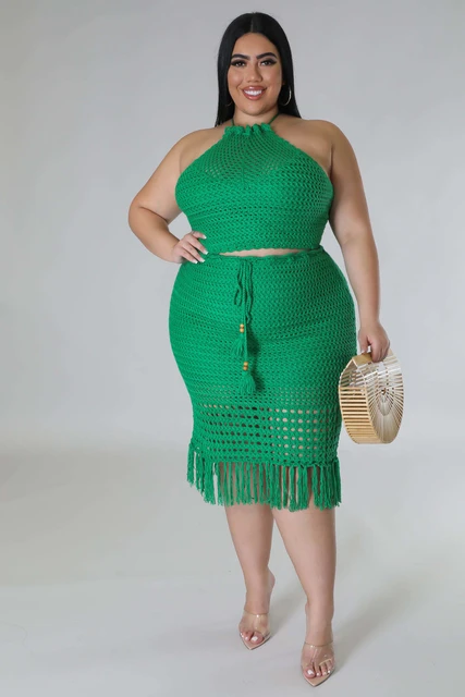 Plus Size Two-piece Sets Fashion Women Tassel Fishing Net Knitted