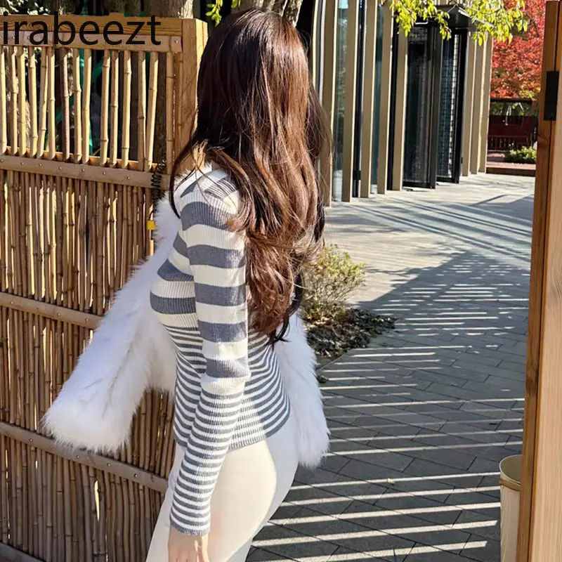 한국 슬림한 브이넥 스트라이프 스웨터, 얇은 슬릿 디자인, 단추 탑 가디건, 그레이 컬러, 가을 겨울 신상