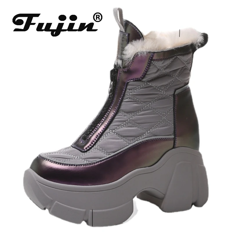 

Fujin 8.5cm Down Leather Women Warm Autumn Winter Fashion Chimney Hidden Heels Plush Platform Wedge Spring Ladies Booties Shoes