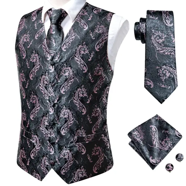 Hi-Tie 20 Color Silk Men's Vests and Tie Business Formal Dresses Slim Vest 4PC Hanky cufflinks for Suit Blue Paisley Waistcoat MS-0034