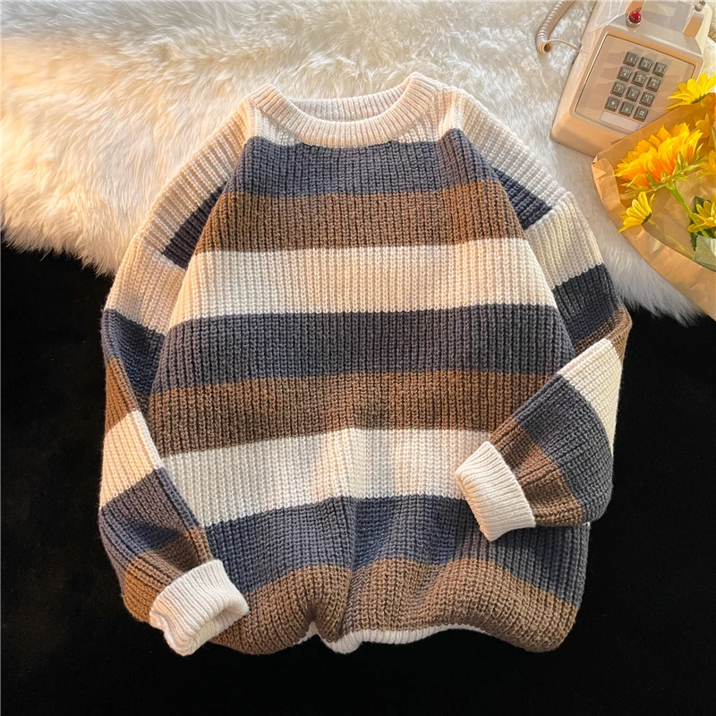 

2023 New Winter Retro Vintage Japanese Striped Knitted Sweater Men Knitwears Harajuku Pullover Knitwear Embroidery Sweater E79