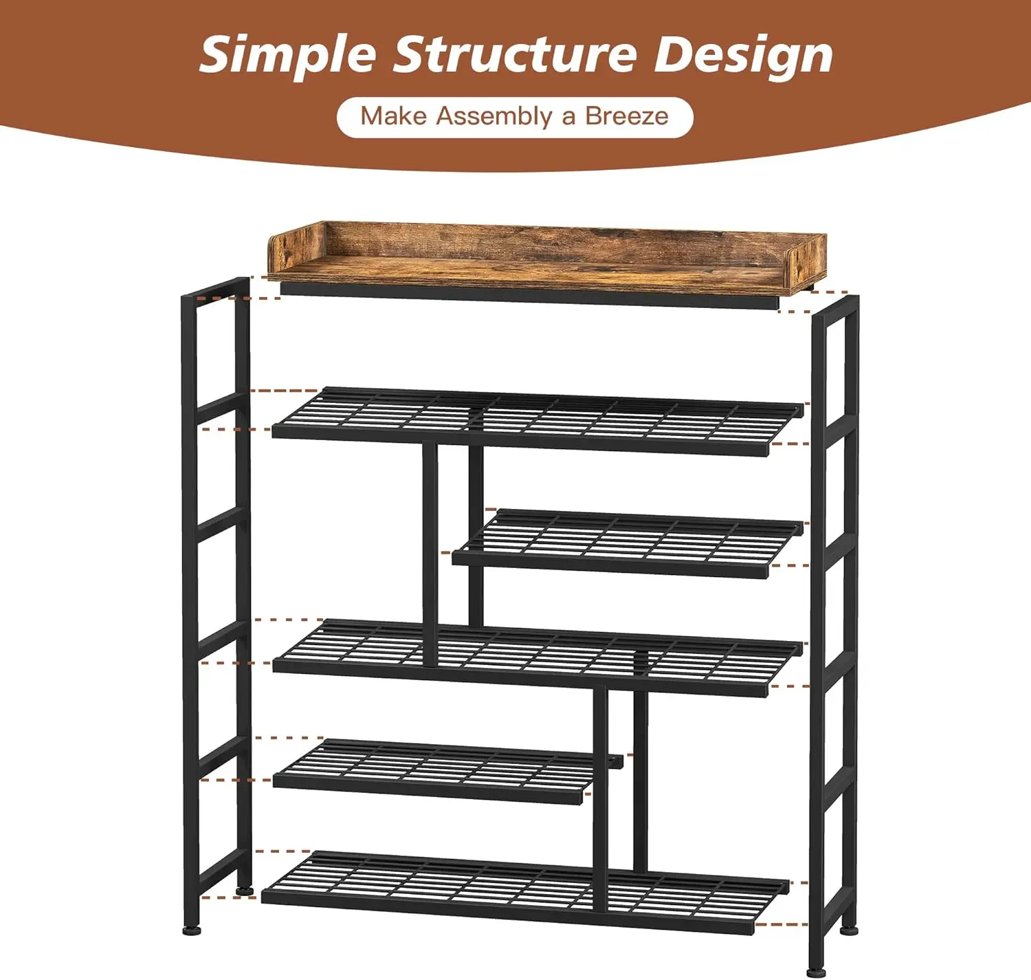 Metal Shoe Rack for Entryway, 6 Tier Shoe Storage Organizer Holds 22 Pairs, Wooden Top and Side Pocket for Entry,