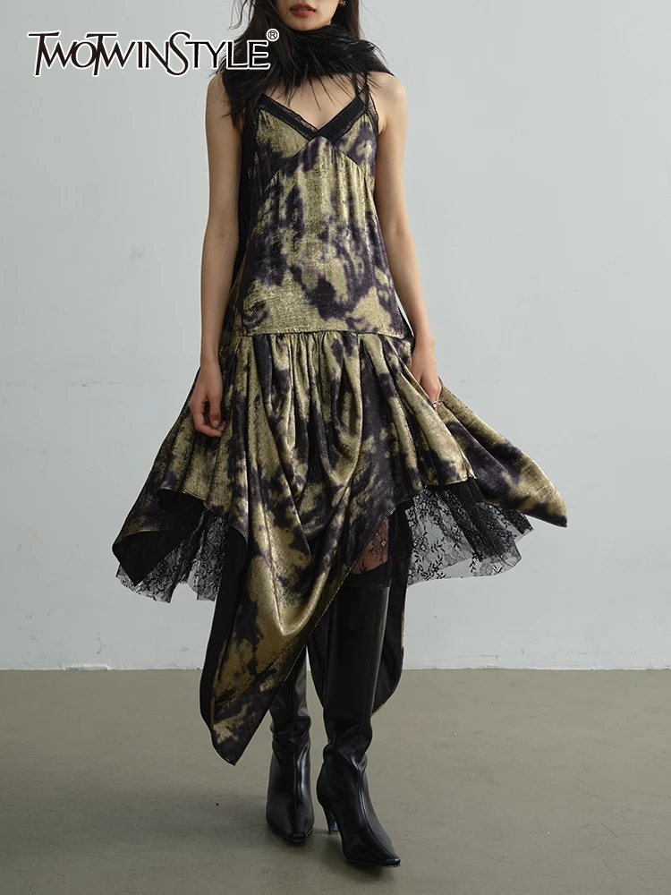 

TWOTWINSTYLE Colorblock Printing Casual Dresses For Women V Neck Sleeveless High Waist Backless Camisole Dress Female Fashion