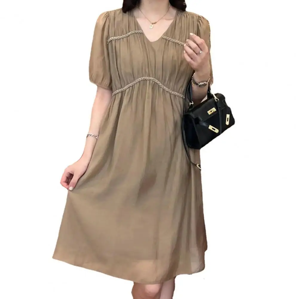 

Elegant V-Neck Puff Short Sleeve Pleated Waist Tight Women Dress Summer Solid Color Casual A-line Midi Dress Streetwear