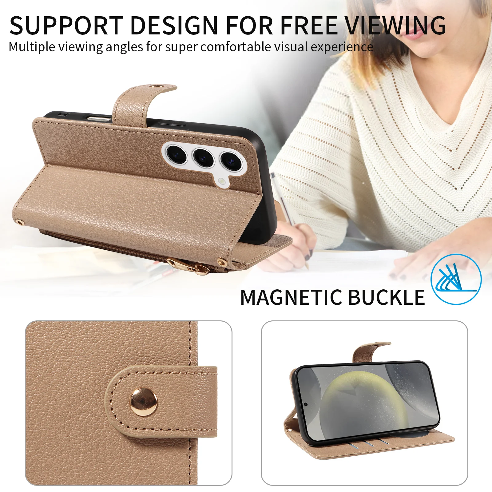 Protective Zipper Wallet Phone Case with Makeup Mirror and Crossbody Bag in Faux Leather