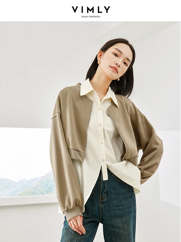 Vimly Loose White Shirt Zip Up Cropped Sweatshirt Women 2023 Autumn Casual 2 Piece Crop Jacket Sets Outfit Female Clothes M3966