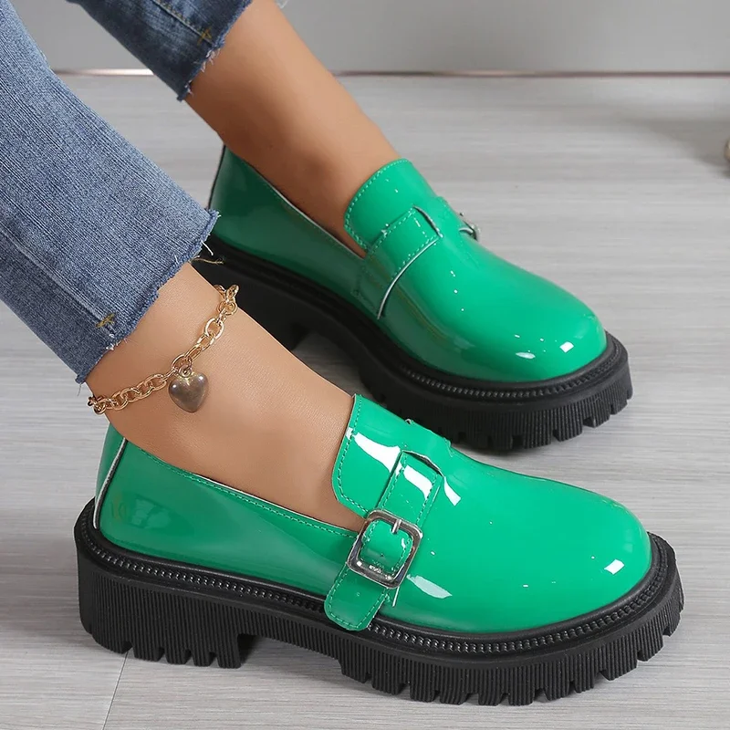 Fashion Buckle Patent Leather Loafers Women Spring Platform Gothic Shoes Woman Casual Non-Slip Flats Shoes Ladies