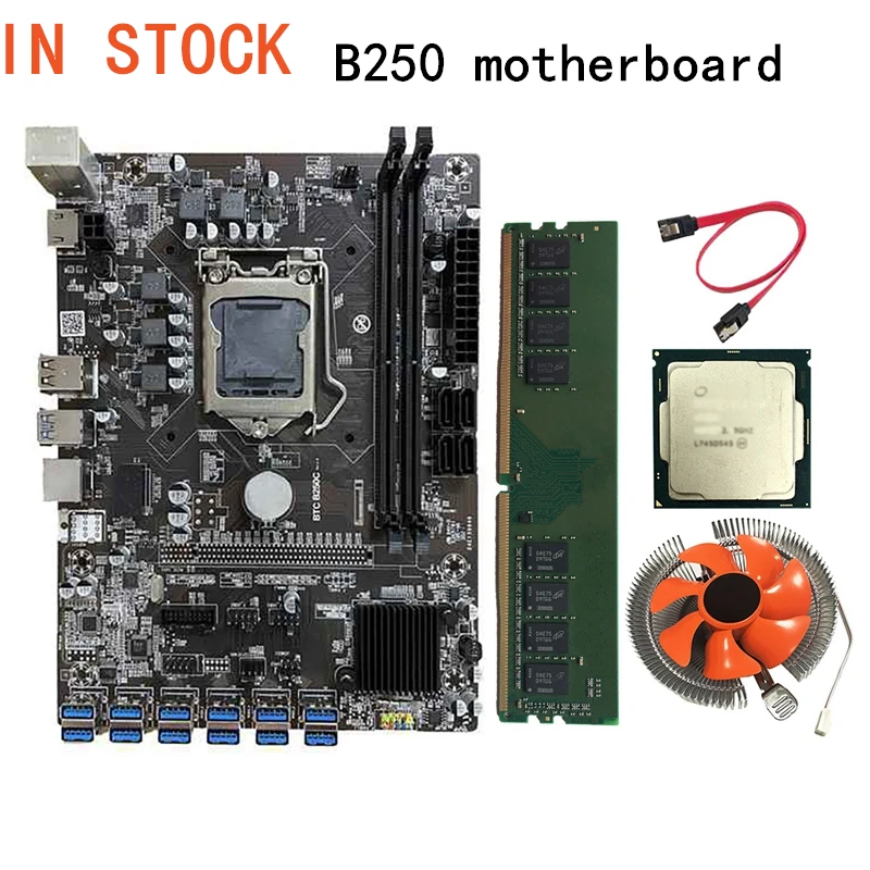 Материнская плата B250C для майнинга BTC с ЦП G3930/G3900 + вентилятор 8G DDR4 RAM 12 USB3.0 до PCI-E 16X