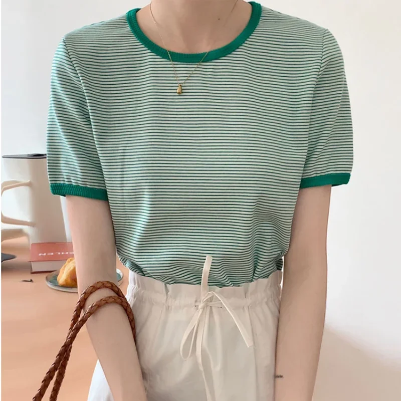 

Women All-match Basic Knitted O-neck Tops Korean Female Striped Short Sleeve T-shirts Girlish Style Casual Slim Tshirts Summer