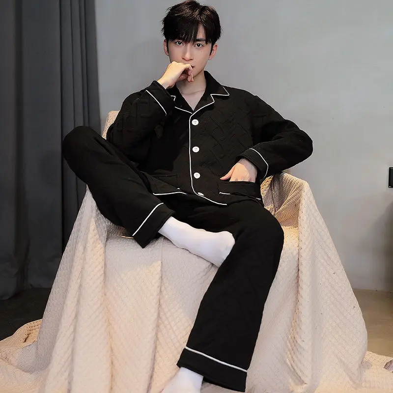 Men Pajamas Autumn Winter Thickened Cotton Long Sleeve Interlayer Loose Extra Large Air Filter Cotton The New Homewear Set