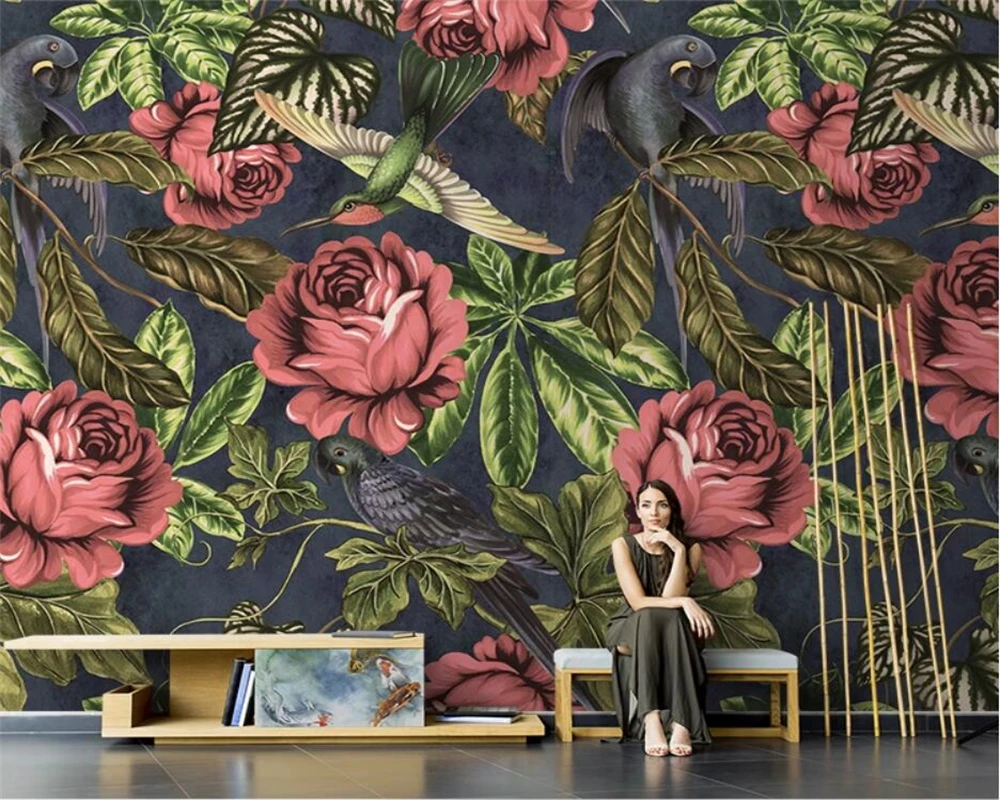 

beibehang Customized new Nordic hand-painted retro and beautiful rose flowers living room TV background wallpaper