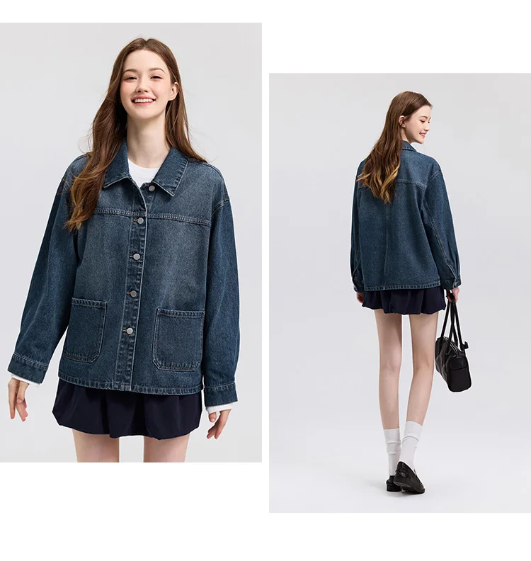 Denim Jacket Women Lapel Drop-shoulder Top Casual and Elegant 2025 Spring New Loose Jacket Instagram Trendy