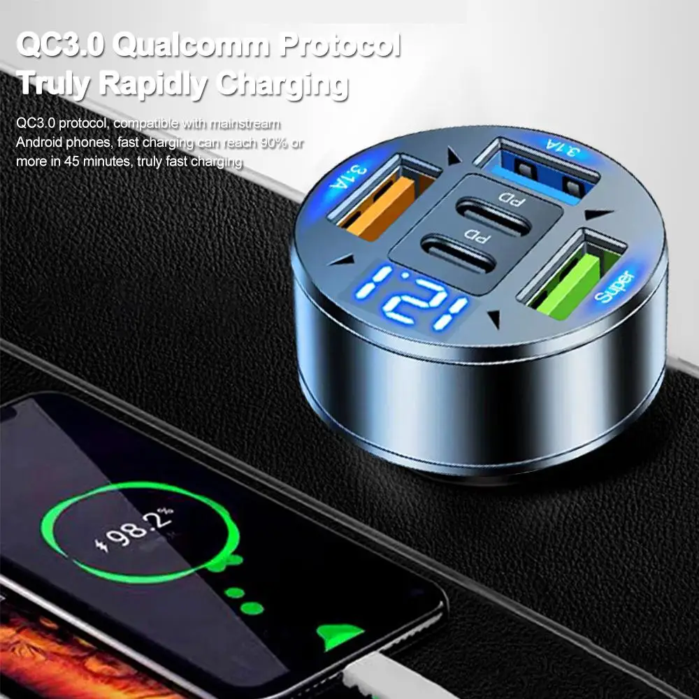 Adattatore per caricabatterie da auto QC3.0 5 in 1 con doppia porta PD e ricarica rapida USB con display di tensione per iPhone, Samsung, Huawei_voghion.com