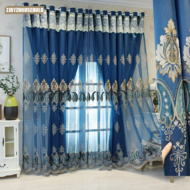 

Customized Embroidered Blue Curtains for Living Dining Room Bedroom Curtain Outer Yarn Lining Yarn One Finished Curtains