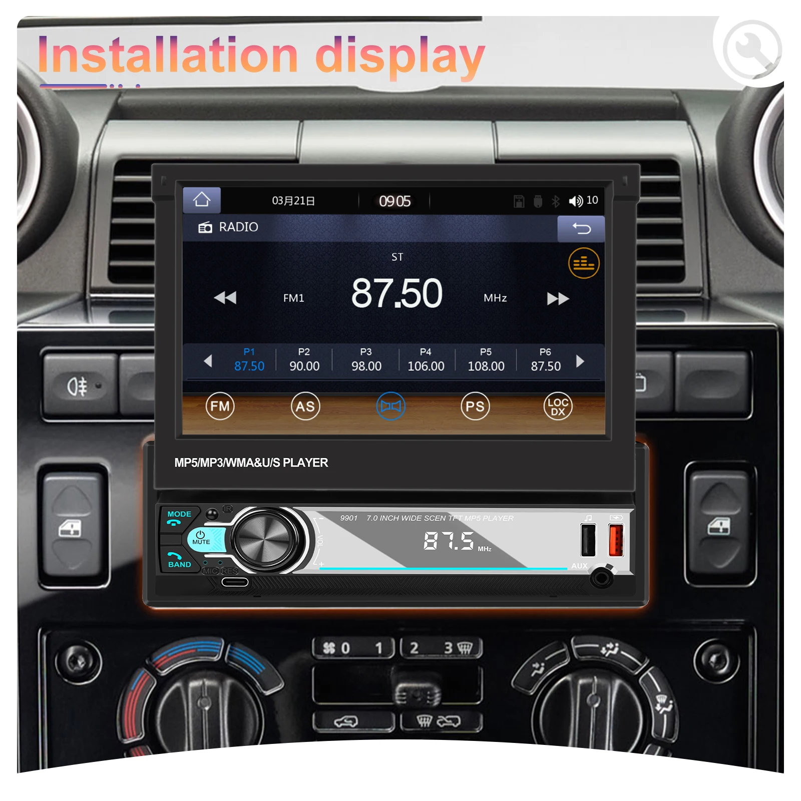 Podofo 7 Zoll 1din Autoradio mp5 universell versenkbare Auto Stereo  drahtlose Carplay Android Auto Spiegel Link Unterstützung Mikrofon hintere  Kamera