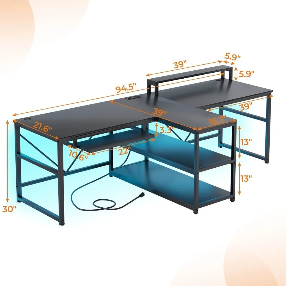94.5" Office Computer Desk, 2 Person Gaming Desk with Storage, LED Lights, Keyboard Tray, Power Strip with USB & Monitor Stand 2