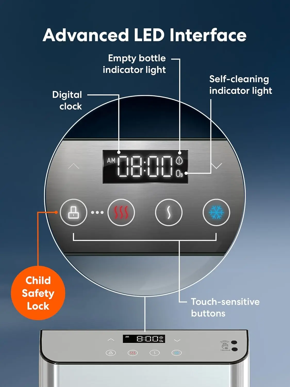 Bottom Load Water Cooler Dispenser - Self-Cleaning, Motion Sensor,   Temp Dispense, Child Safety Lock, 5