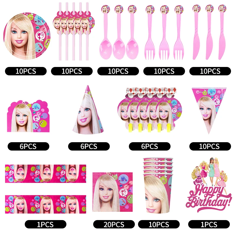 Barbie Birthday Party Decoration Pink Cartoon Happy Princess Girls Theme Plates Cups Tableware Set Balloons Supplies Baby Shower