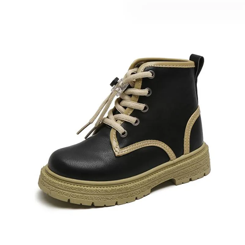 

Детские модные черные ботинки в британском стиле, Детские ботильоны на шнуровке для мальчиков и девочек, резиновые ботинки