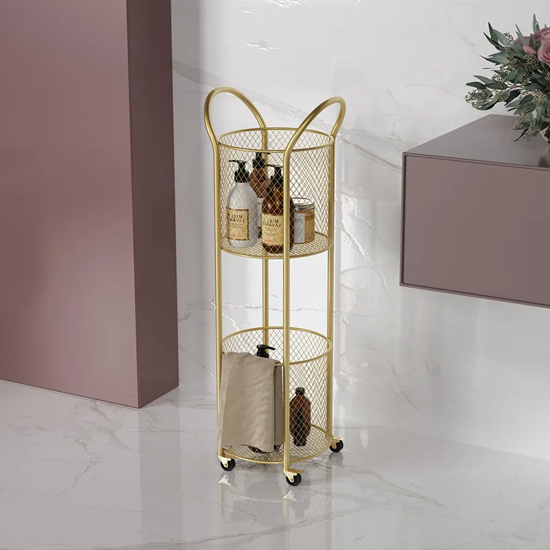 

Nordic Bathroom Racks Floor-standing Iron Art Wheeled Trolley Light Luxury Living Room Gold Storage Rack Two-layer Storage Shelf