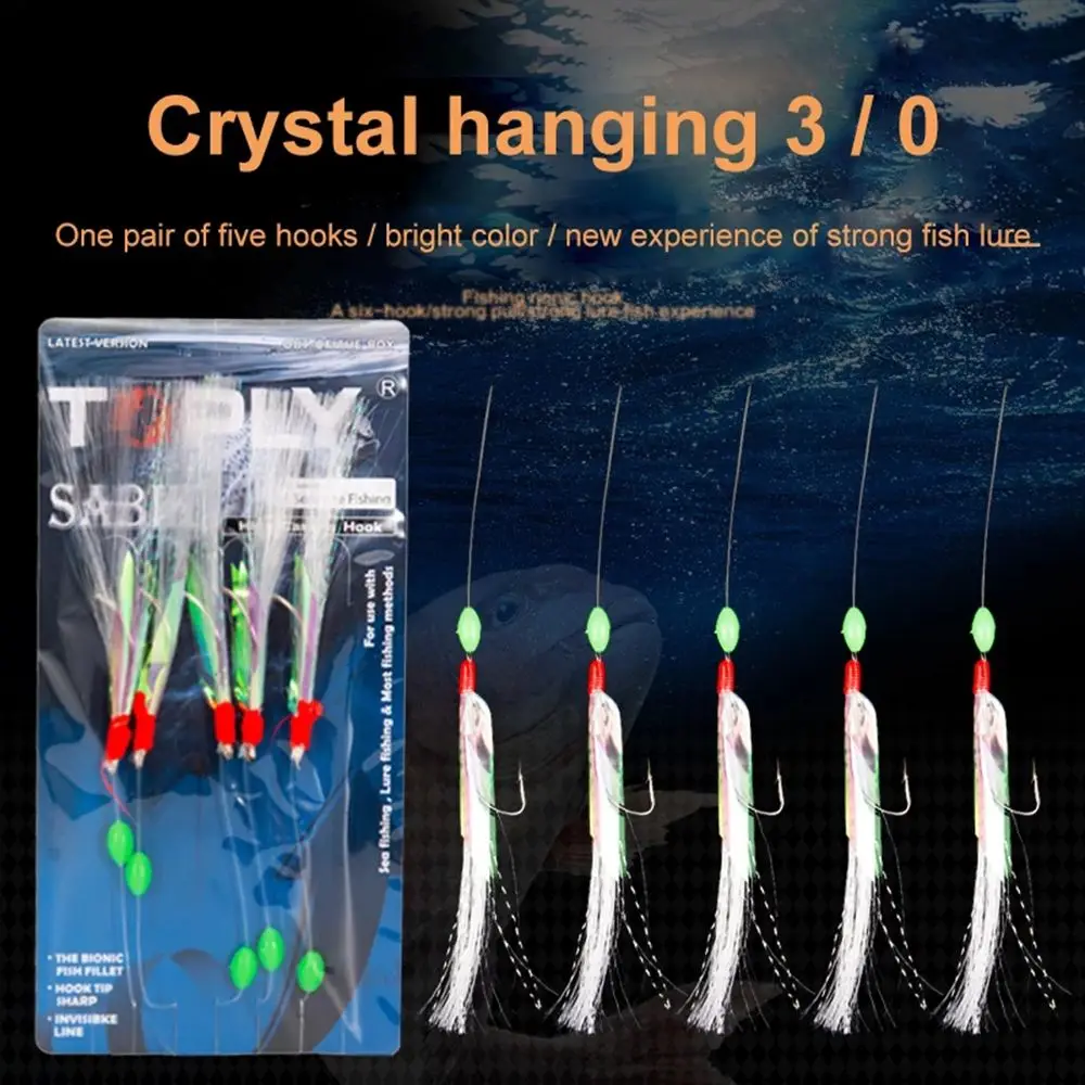 Description Picture 2 of item5Pcs Imitation Scales Mackerel Barbed Hook Bass Cod Lures Sea Luminous Fishing Hook Crystal Barbed Boat Fishing Feathers Bait