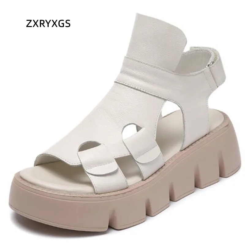 

ZXRYXGS Premium Cowhide Summer Leather Boot Roman Sandals 2022 New Fish Mouth Women Sandalsl Platform Wedges Heightened Sandals