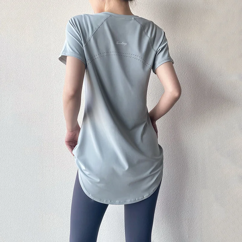 Xlwsbcr Yoga Sport Top Women Short Sleeve Shirts Cover Hip Gym Shirt Fitness Workout Pilates Wear Fitted Tops Quick Dry Blouse
