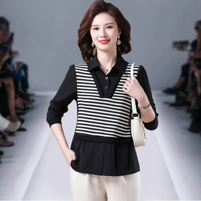 

Office Lady Shirt collar striped patchwork Long Sleeved T-shirts Spring Autumn Women's Clothing Comfortable Popularity Tops