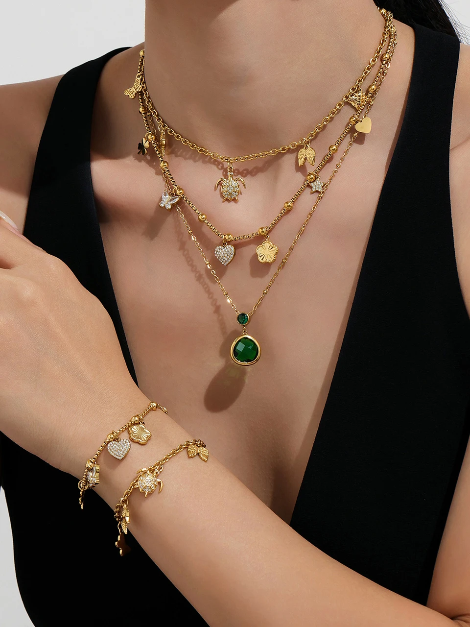 Edelstahl-Kettenhalskette, passendes Armband für Frauen, 18 Karat vergoldet, süße Charms-Halsketten, Armbänder, Schmuckset für Damen – Detail 26