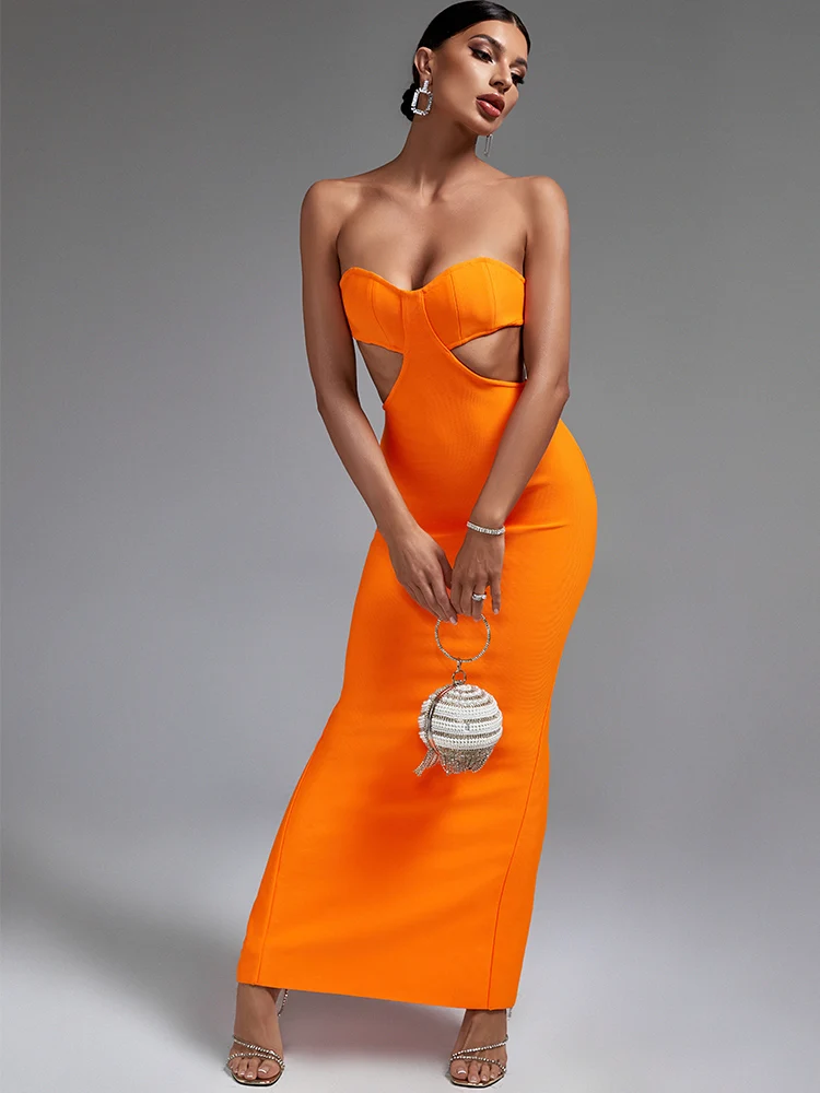 

Long Bandage Dress Women Maxi Evening Party Dress Bodycon Elegant Orange Strapless Sexy Backless Birthday Club Outfits Summer