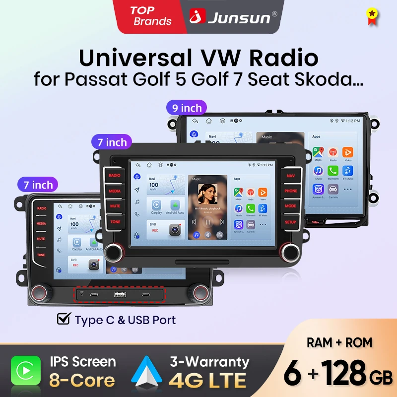 Radio para Auto Junsun para Vw Volkswagen Passat B6 B7 T5 Tiguan Touran Golf Polo, CarPlay, Android Auto, FM, RDS, DSP, BT, GPS, Navi, SWC, Pantalla Táctil HD IPS, Reproductor Multimedia Plug & Play, Llamadas Manos Libres, Unidad Principal con Estilo Original del Auto 1