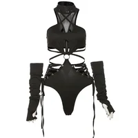 Bandage Hollow Out Sexy Cyber Y2k Bodysuits Gothic Techwear Mesh Patchwork Tops Female Glove Sleeve Mock Neck Bodysuit - Image 5