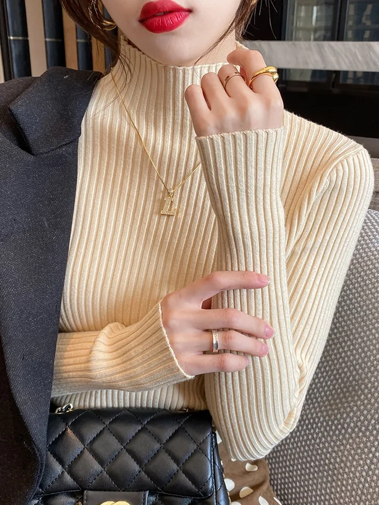 Autumn and Winter New Women's Semi-turtleneck Long-sleeved Sweater Solid Color Elegant Knitwear Thin Bottoming Shirt