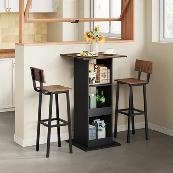 WOLTU Tavolo da bar in legno per sala da pranzo Tavolo da bistrot marrone rustico con 3 ripiani Tavolo da bancone quadrato per cucina Altezza 112 cm 1