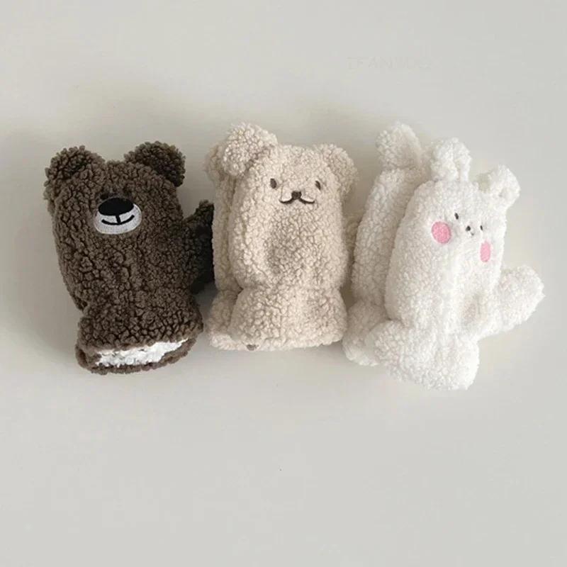 Baby Thicken Plush Warm Mitten Cute Cartoon Bear Girls Children with Rope Mittens Comfortable Windproof Boys Kids Outdoor Gloves